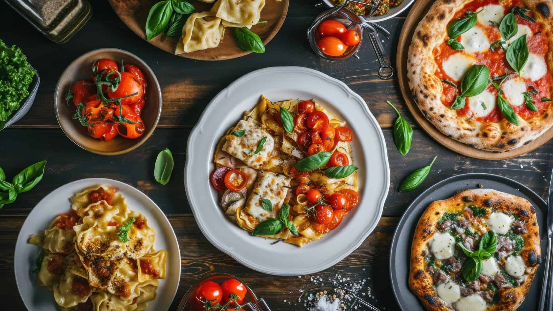 Selecție de preparate italiene cu paste și pizza, prezentate pe masă, vedere de sus