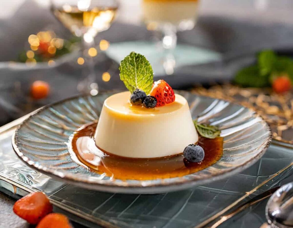 Panna cotta cremoasă, desert italian clasic, servită cu sos caramel și fructe proaspete