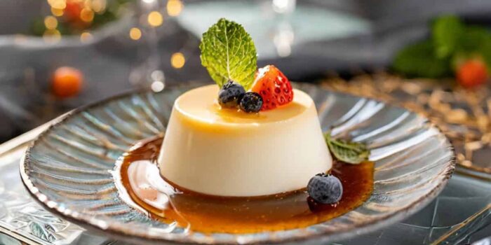 Creamy panna cotta, a classic Italian dessert, served with caramel sauce and fresh fruit.