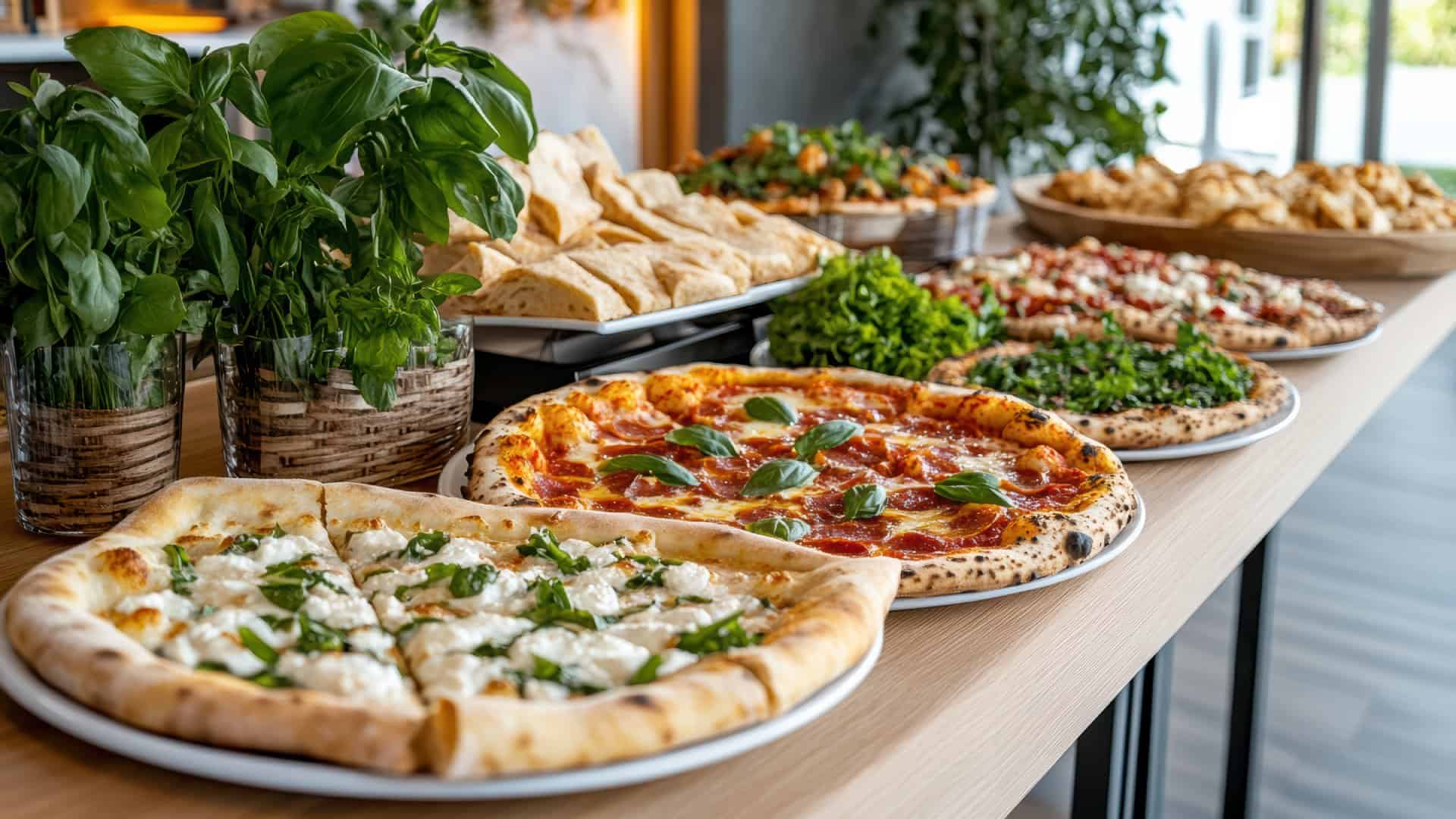 Masă de catering cu pizza italiană, pâine artizanală și preparate tradiționale italiene