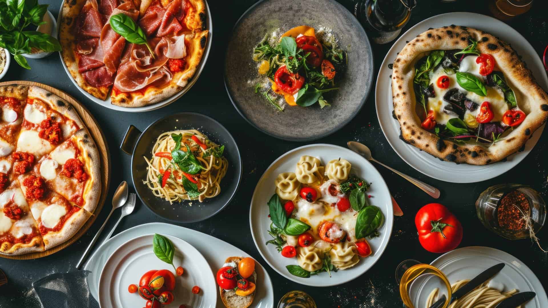 Selection of Italian dishes featuring pizza and pasta served in an elegant style.