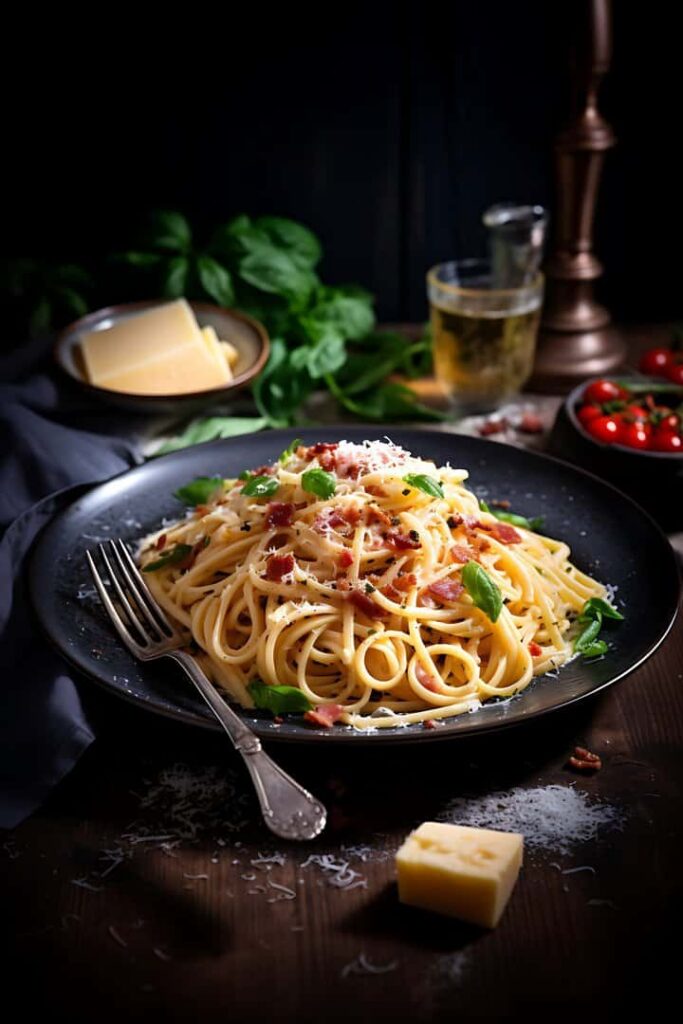 Spaghetti Carbonara cu pancetta, parmezan și busuioc, preparat italian tradițional